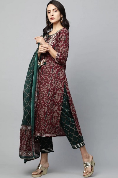 Designer Printed Maroon Gota kurta Dupatta Set