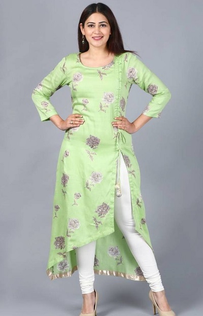 Green High Low Cotton Side Cut Kurti Pattern