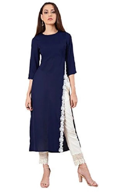 Lace Border Sleeveless Solid Blue Kurti