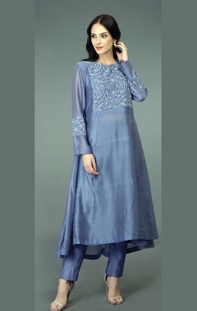 Lace Detailing Blue Cotton Silk Kurta
