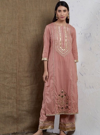 Long Straight Gota Cotton Kurta Plazo Set