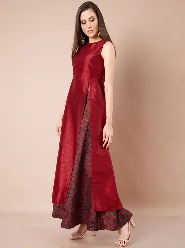 Maroon Silk Sleeveless Single Side Cut A Line Kurta