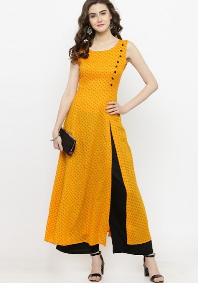 Mustard Yellow Georgette Polka Dotted Sleeveless Kurti