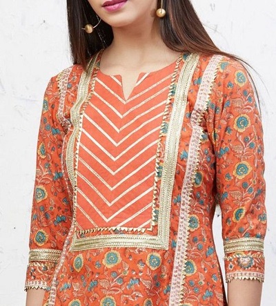 Orange Printed Gota Work Festive Kurti