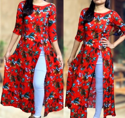 Red Printed Side Cut Full Length Kurti Design