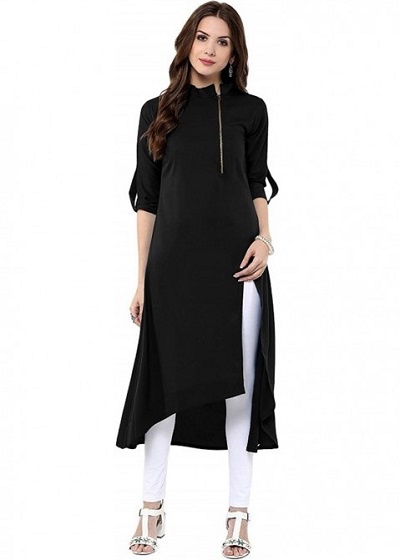 Rolled Up Sleeves Solid Black Kurta Design