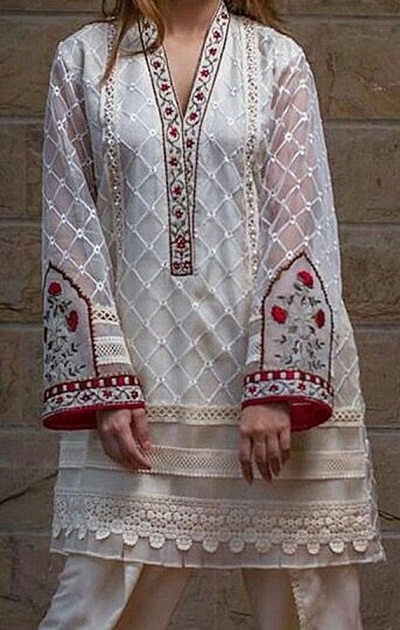 Stylish White And Red Lace Kurti Design