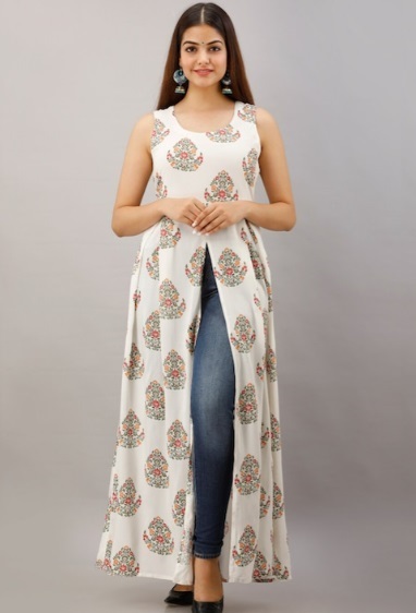 White Printed Side Slit Kurta with Jeans