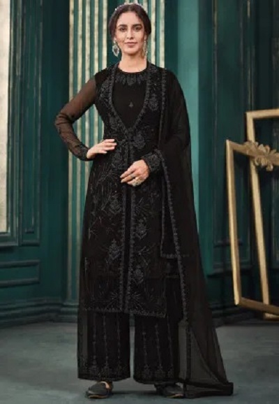 Black Net Long Jacket Suit