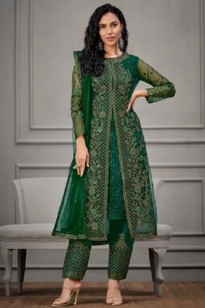 Embroidered Net Shrug Jacket With Kurti Dres