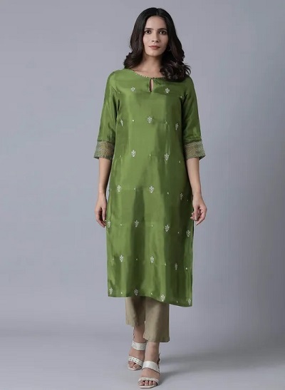 Green Silk Designer Neck Kurti