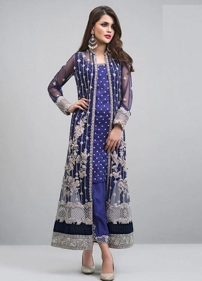 Long Embroidered Net Jacket Suit Set