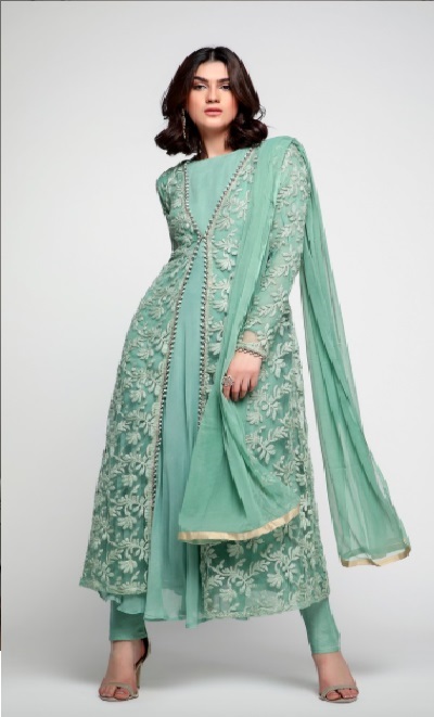 Pastel Thread Work Net Jacket With Printed Kurti