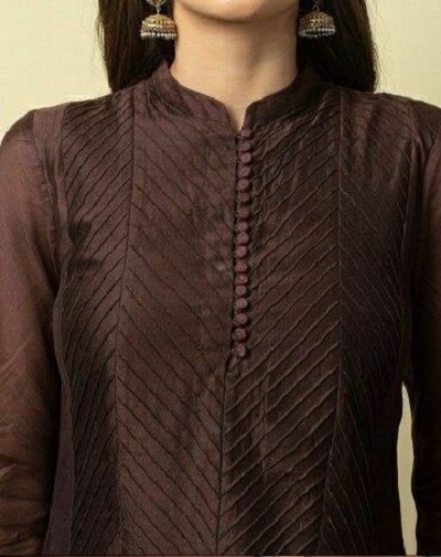 Pleat and Pin Tucks Stand Collar Kurti Neck