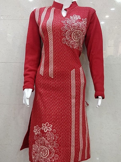 Red printed woolen kurti for winters