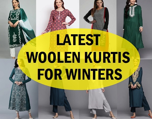 Long Woolen Kurtis Online Navy Blue Winter Kurtis Printed Winter Kurti –  Lady India