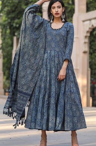 Anarkali Panelled Ajrakh Block Print Kurti