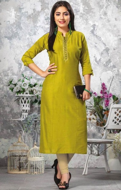 Chanderi Cotton Green Button Work Kurti