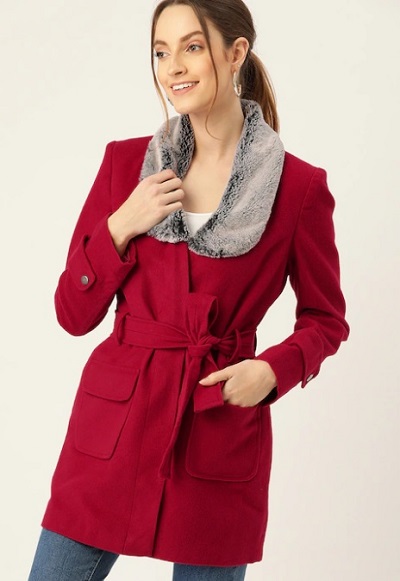 Fur Collared Wrap Coat For Women