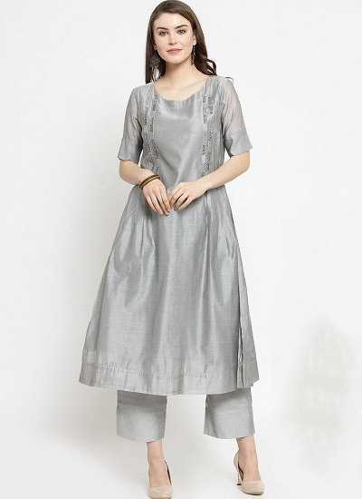 Grey A Line Front Pleated Party Wear Kurta