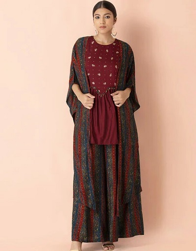 Jacket Style Long Azrakh Print Kurta