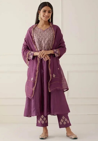 Lavender Chanderi Cotton Embroidered Kurti