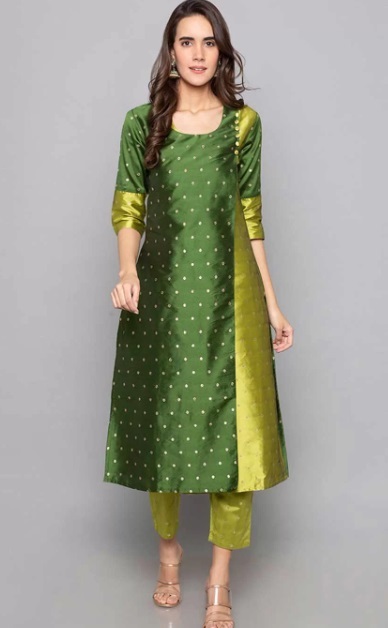 Paneled Chanderi Cotton Green Kurti