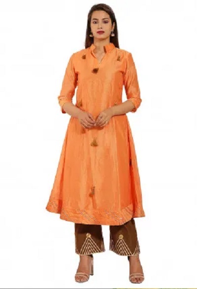 Peach A Line Cotton Silk Kurta