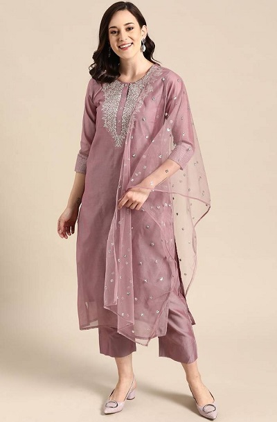 Purple Cotton Silk Kurti Trouser Dupatta Set