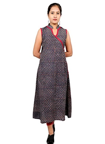 Sleeveless Angrakha Pattern Block Print Kurti