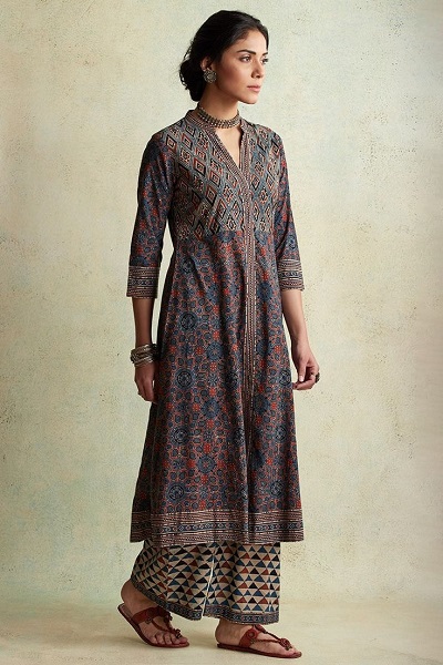 V-Neckline Ajrakh Kurti Design