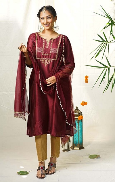 Wine Chanderi Cotton Party Wear Kurta