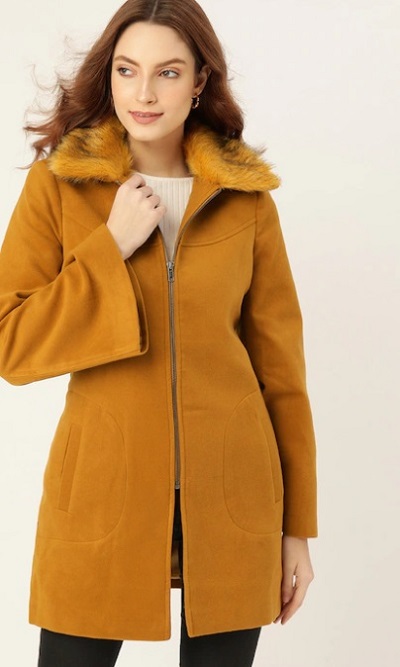 Women Mustard Fur Coat For Winters