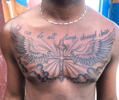 Angel Wing Cross Tattoo With Quote
