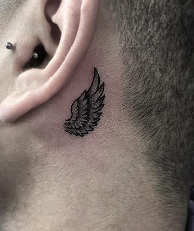 Back Ear Shaded Angel Wing Tattoo
