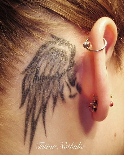 Behind the Ear Angel wing tattoo