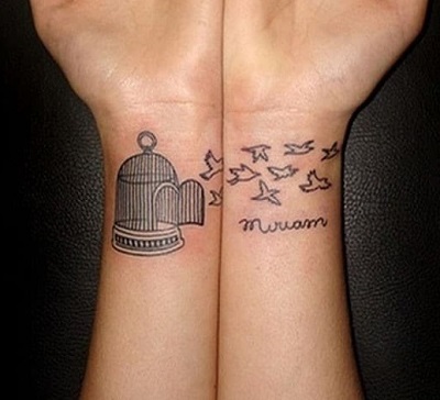Bird And Cage Both Wrist Tattoo