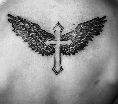 Cross And Angel Wing Tattoo For Men