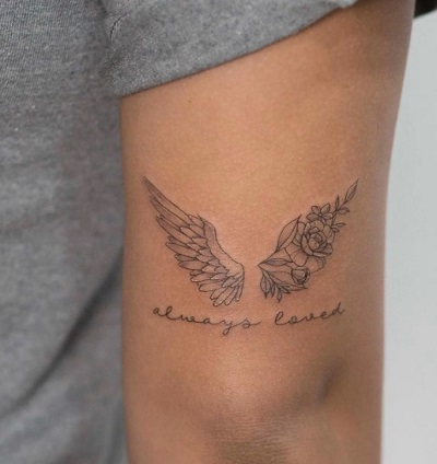 Floral Wing Tattoo With Quote