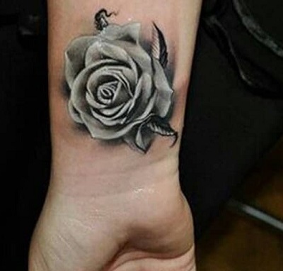 Grey Shaded Wrist Rose Tattoo Design