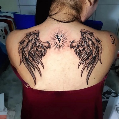 Initial Letter Wing Tattoo For Back