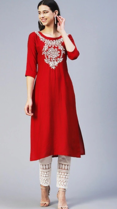 Red Long Embroidered Kurta