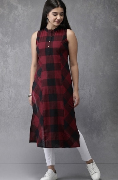 Sleeveless Check Printed Kurta