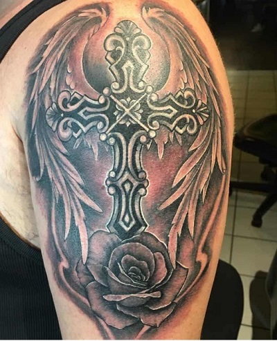 Water Colored Cross And Angel Winged Men's Tattoo