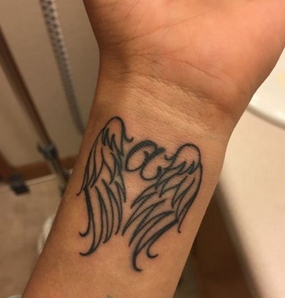 Wrist Alphabet Angel Wing Tattoo