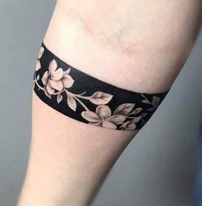 Black Floral Banded Bicep Tattoo