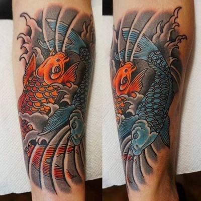Blue And Orange Koi Fish Tattoo