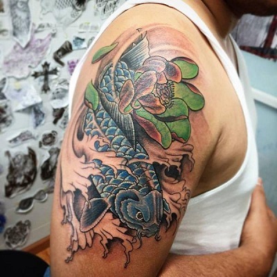 Shoulder Blue Koi Fish Tattoo