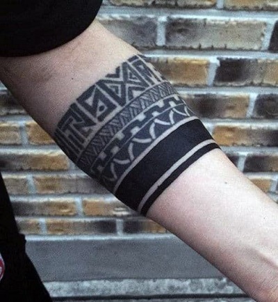 Thick Black Armband Tattoo With Symbols