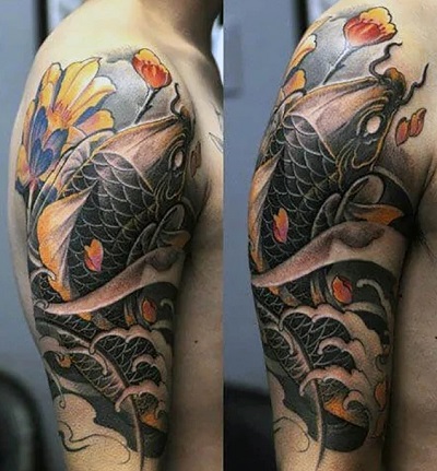 Upper Arm Huge Koi Fish Tattoo For Women